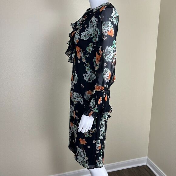 Mikael Aghal Women's Size 2 Floral Ruffle Pleated Sheer Dress Chiffon Victorian - Picture 6 of 13